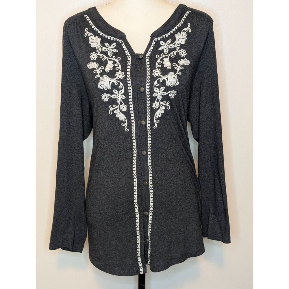 J. Jill Charcoal Gray Embroidered Button Front Tunic Top Size XL